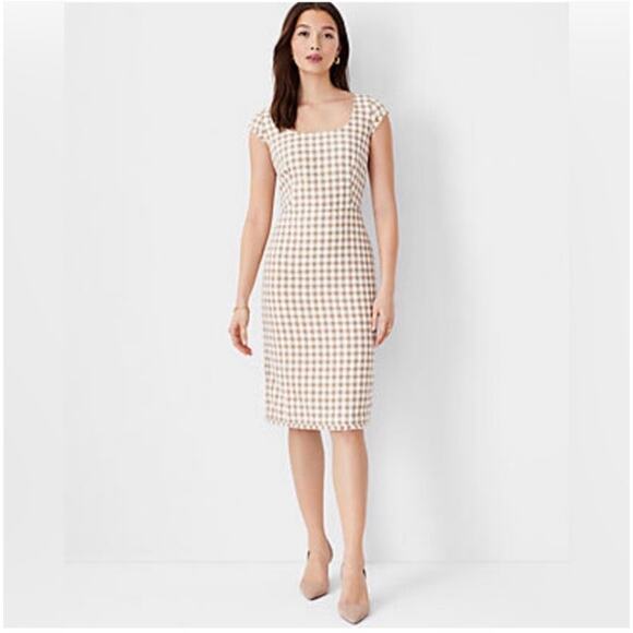 NWT Ann Taylor Gingham Tweed Scoop Neck Sheath Dress Size 6